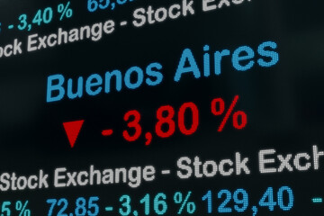 Obraz premium Buenos Aires stock exchange moving down. Argentina, Buenos Aires, negative stock market data on a screen. Red percentage sign and ticker information. Stock exchange concept. 3D illustration