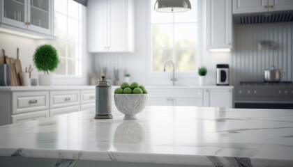 Empty Clean Marble Kitchen Table For Product Placement with Blurry Kitchen Interior Background Created With Generative Ai