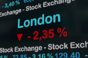 London stock market down. Great Britain, London, negative stock market data on a trading screen. Red percentage sign and ticker information. Stock exchange and business concept. 3D illustration