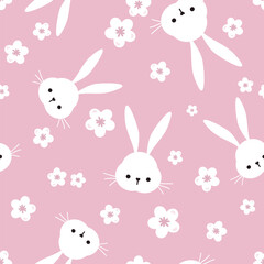Seamless pattern with rabbits and flower on pink background vector.