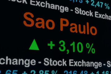 Sao Paulo stock exchange moving up.Brazil, Sao Paulo, positive stock market data on a the screen. Green percentage sign and ticker information. Stock exchange and business concept. 3D illustration