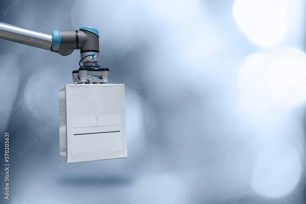Aufkleber robot arm with box on a gray background. smart industry 4.0 concept