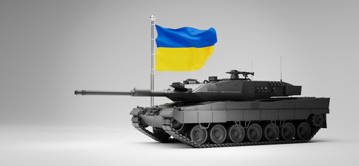 Tank leopard 2 and ukraine flag on white background, 3d rendering