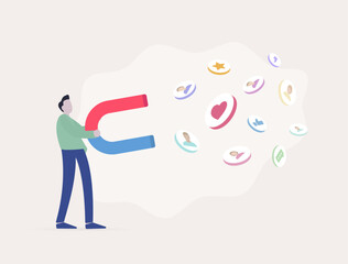 SMM marketer captivates their audience. Man holding strong magnet and attract social media engagement symbol such as follow, likes, shares, favorites, comments, and reposts