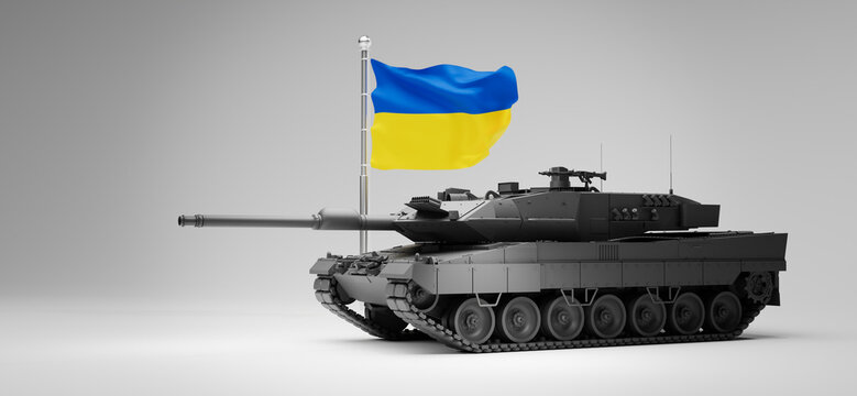 Tank leopard 2 and ukraine flag on white background, 3d rendering