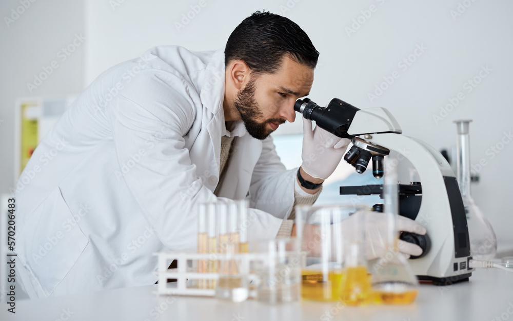 Poster Science, microscope and medical with a doctor man at work in a laboratory for innovation or development. Research, analytics and biotechnology with a male scientist working in a lab for breakthrough
