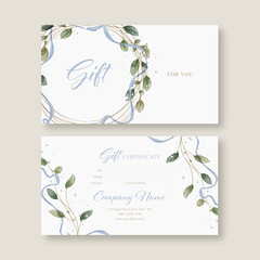  Gift voucher card template. Modern discount coupon or certificate layout in rustic style. Greenery Watercolor Floral Vector illustration.