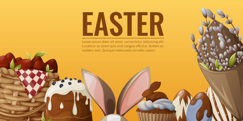 Easter banner with holiday attributes, a wicker basket with red eggs, traditional cakes, bunny ears, a bouquet with willow branches. Place for text. Horizontal poster, bright background