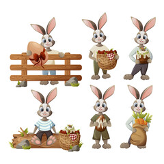 A set of funny Easter bunnies holding a cake, a wicker basket with eggs, a bag of carrots in their paws. Vector illustration in cartoon style on an isolated background.