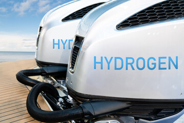 Speedboat with outboard motor on hydrogen fuel. Concept	