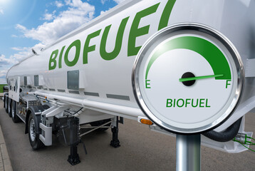 Tank trailer with biofuel gauge. Decarbonization concept