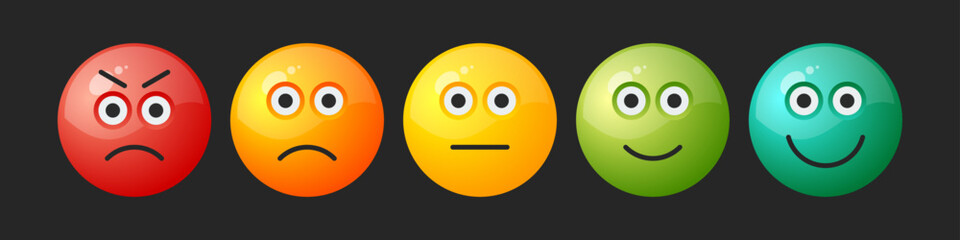 Set of yellow round emoticons for social networks or web design with different facial expressions.