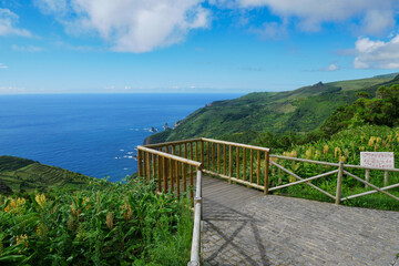 Fototapeta na wymiar Beautiful Viewpoint on the fairy tale island of Flores Island, Azores, Portugal, Europe