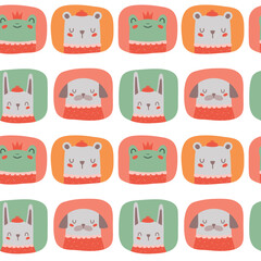 Seamless pattern with cute cartoon happy animal faces with hat, crown. Concept for children print in flat style. Vector gentle background with white rabbit, toad-princess, bear, dog.