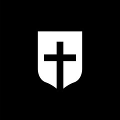  Shield icon with christian cross symbol,icon isolated on black background. 