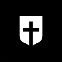  Shield icon with christian cross symbol,icon isolated on black background. 