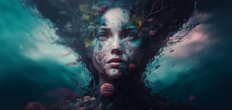 Conceptual Imaginative portraits evoking different moods, emotions and feelings. Surreal woman with natural elements over her face. Generative ai