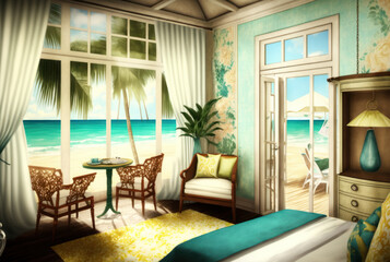 Beach luxury resort hotel room graphic design 3d model background. Generative ai