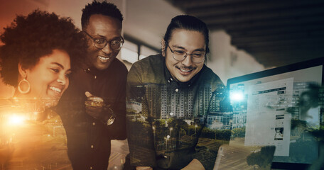 Teamwork, double exposure and business people on laptop in meeting for strategy, planning and ideas. Collaboration, future city overlay and workers for research, website and futuristic web design