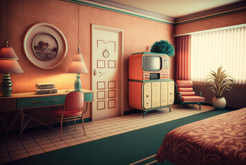 Retro hotel room graphic design 3d model background. Generative ai