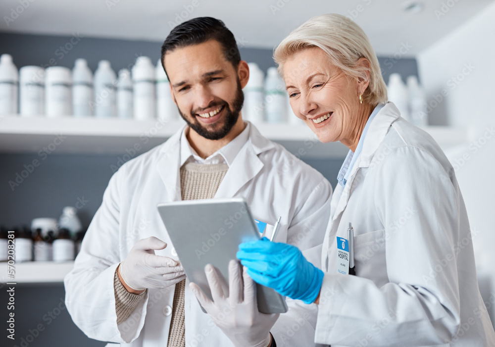 Poster science, research and team in laboratory on tablet for test results, medical report and analytics. p