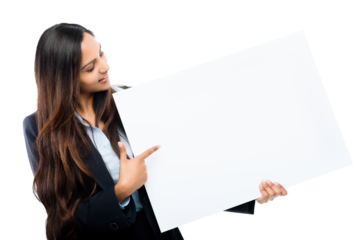 An attractive young businesswoman holding and pointing at a blank placard as recommendation isolated on a png background.