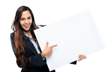 An attractive young businesswoman or an invester holding and pointing at a placard in a copy space against isolated on a png background.