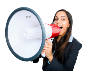 Close up of an excited young business person or an executive shouting into a megaphone isolated on a png background.