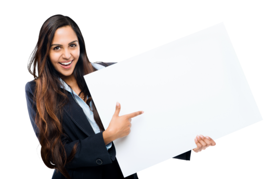 An attractive young businesswoman or an invester holding and pointing at a placard in a copy space against isolated on a png background.