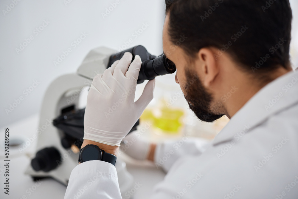Poster Microscope, medical and research with a man at work in a laboratory for science, innovation or development. Doctor, analytics and biotechnology with a male scientist working in a lab for breakthrough