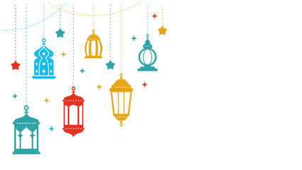 Six colorful ramadan lanterns and islamic ornaments isolated on white background.