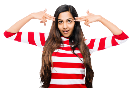 A millennial trendy girl making gun gesture with her hands on her head isolated on a png background.