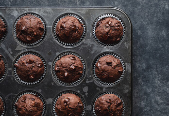 Overhead of tin of chocolate zucchini muffins on black background.