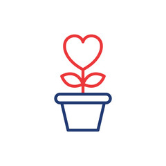 Heart Shape Flower in Pot with Leaf Line Icon. Charity, Love and Romance Symbol Linear Pictogram. Bloom Plant Grow in Flowerpot Outline Icon. Editable Stroke. Isolated Vector Illustration