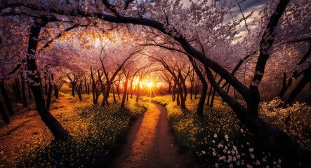 Sunset in the woods filled with cherry blossom trees. Generative ai composite