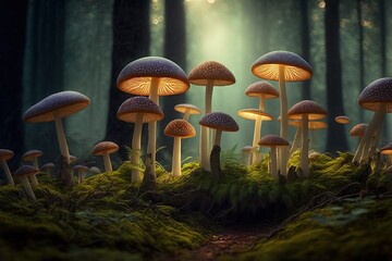 A cluster of brown capped mushrooms on a forest floor bathing in the rays of the sun. Generative ai composite