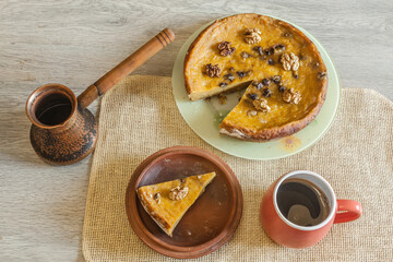 Pumpkin pie with nuts.