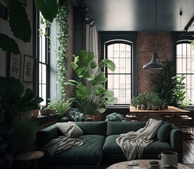A plant decorated industrial style apartment living room with large windows. Generative ai composite