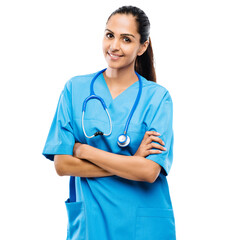 An assertive beautiful female doctor or a medical intern student posing with her hands folded and...