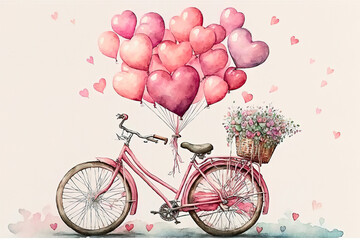 Watercolor bicycle with many pink cute heart shape balloons illustration, Valentine and love graphic resource. Generative AI