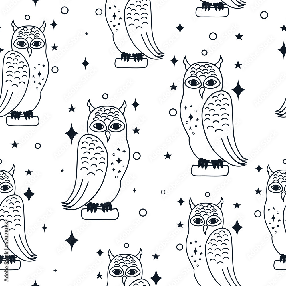 Aufkleber seamless pattern with a magical owl on a white background in the style of hand drawn. vector stock i