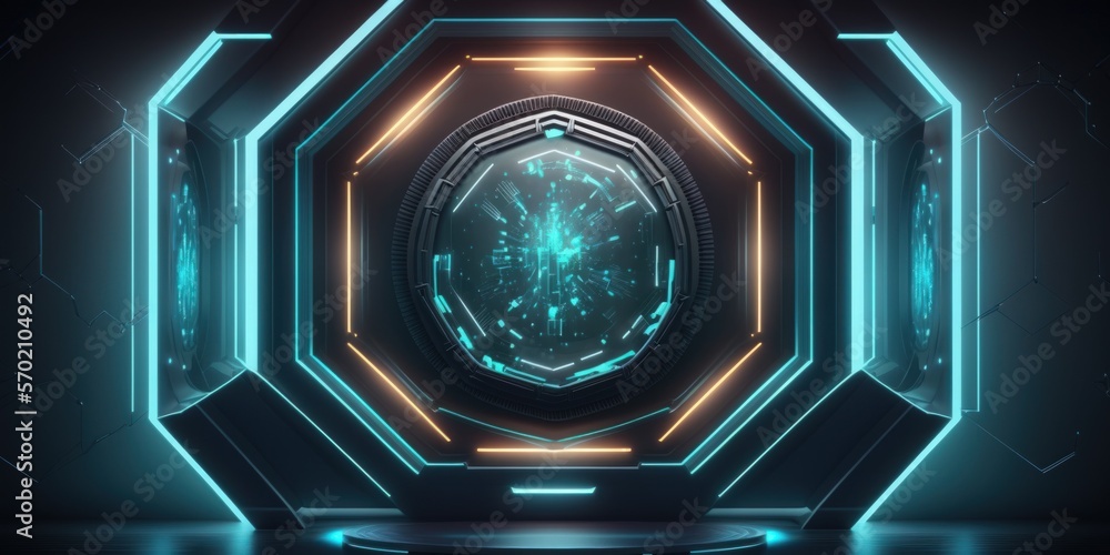 Poster hologram and portal technology are futuristic. hexagonal technology capsule digital high tech sci fi
