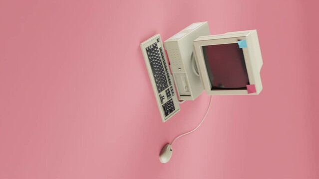 Retro computer with mouse on wire and floppy disk space, 3D render in vertical