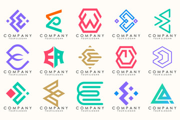 Abstract logos mega collection with letters E. Geometrical abstract logos