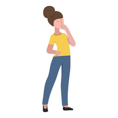 Fototapeta premium Young cute girl in casual clothes stands full growth. Brunette woman portrait character standing thoughtful pose holding chin thinking. Vector flat cartoon illustration isolated on a white background.