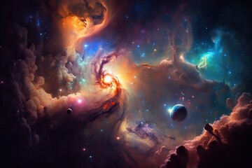 Fototapeta na wymiar Mesmerising beauty of nebulas and galaxies in deep space. Generative ai composite.