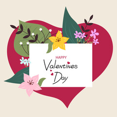 Valentine's day card with flowers in flat style.