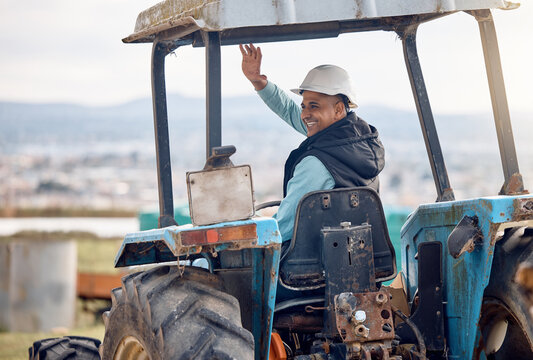 Wave, greeting and man on a tractor for farming, agriculture work and working on a field in Spain. Happy, communication and farmer driving machine and waving for ecology and sustainability in nature
