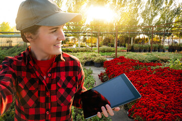 A woman gardener holds a tablet in her hands against the backdrop of a garden center at sunset.