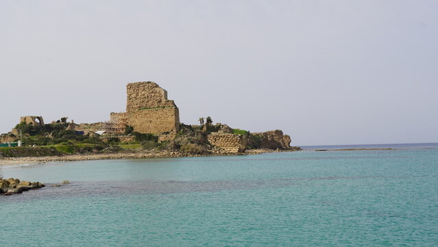 View of the Atlit beach and ruins of the Chateau Pelerin fortress, Northern Israel